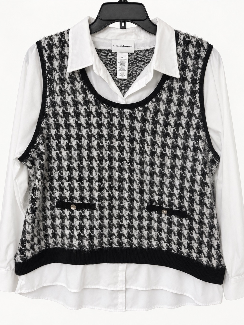 Alfred Dunner Black & White Houndstooth Knit Vest Top